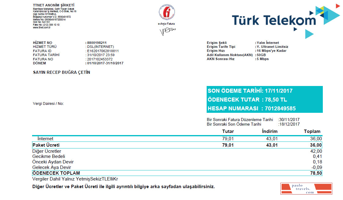 Turkey Turktelekom utility bill template in Word and PDF format, fully editable